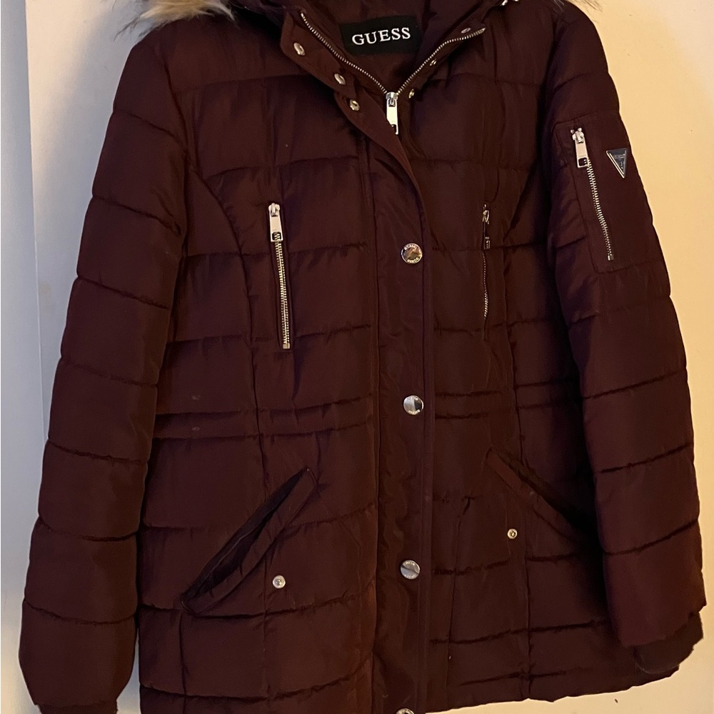 GUESS Women's Deep Burgundy Puffer Coat Size XL
